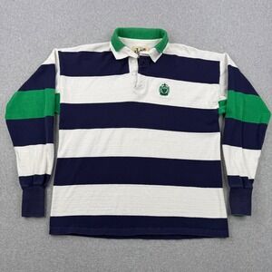 Vintage Dehen Rugby Shirt Mens Large Blue White Striped 80s Long Sleeve USA Made